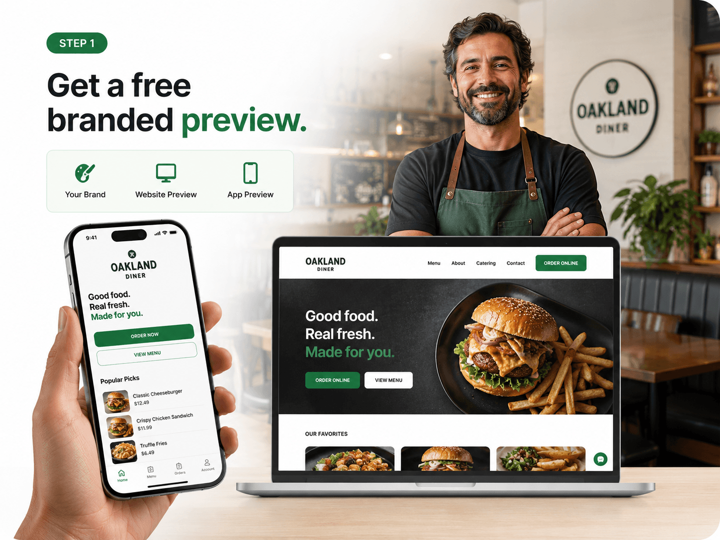 Oakland Diner website and app preview on laptop and phone