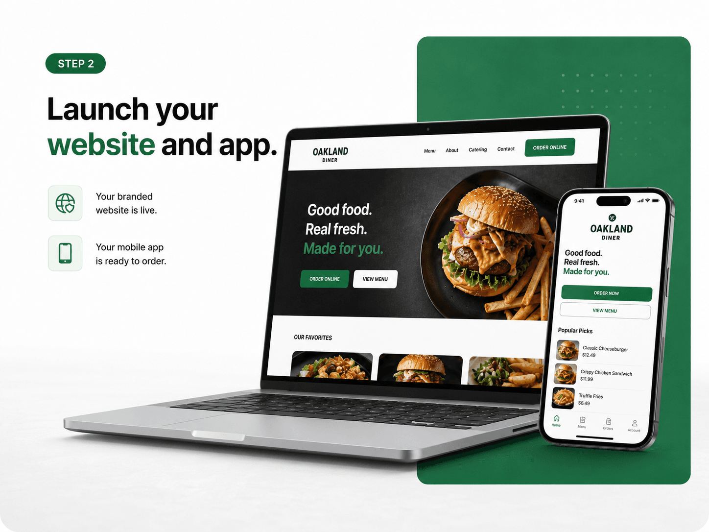 Live Oakland Diner website on laptop and ordering app on phone